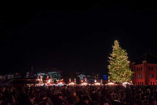 Yokohama city, Japan - December 15th 2022 Christmas market in Yokohama Red Brick Warehouse with many people.