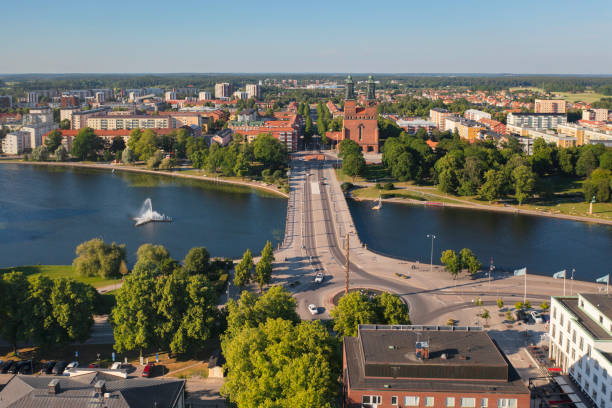 A summer day view over the city of Eskilstuna, towards the Eskilstunaån river and the iconic Klosters kyrka (church).