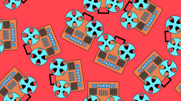 ilustrações de stock, clip art, desenhos animados e ícones de seamless pattern endless with music audio cassette old retro tape recorders vintage hipster from 70s, 80s, 90s isolated on red background. vector illustration - memphis tennessee audio