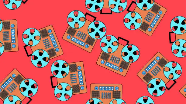 Vector illustration of Seamless pattern endless with music audio cassette old retro tape recorders vintage hipster from 70s, 80s, 90s isolated on red background. Vector illustration