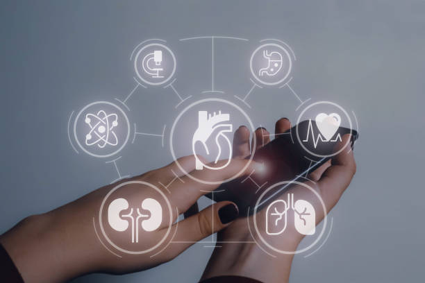 istock Online symptom checker closeup concept image with white glyph icons 1449603557