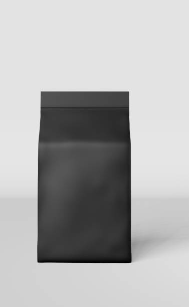 istock Black standing box bottom pouch bag coffee branding 3D rendering. Merchandise packaging design. Shop sale demonstration. 1449605379