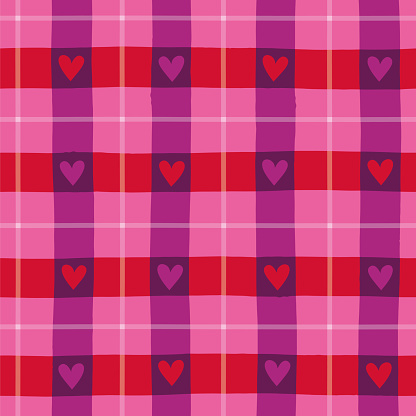 Seamless geometric vector pattern for Valentines Day with hearts. Gingham tartan check plaid vector for gift paper, tablecloth, picnic blanket, other holiday fashion textile design. Vichy print. stock illustration