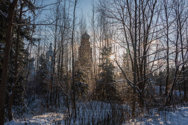 Christmas background with forest and temple silhouette against sun flare.