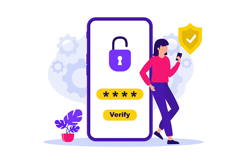 Mobile OTP secure verification method. One-time password for secure transaction. Woman using security OTP one time password verification for mobile app on smartphone screen. 2-Step verification