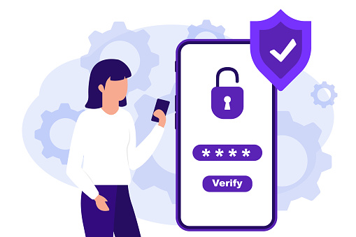 Mobile OTP secure verification method. One-time password for secure transaction. Woman using security OTP one time password verification for mobile app on smartphone screen. 2-Step verification