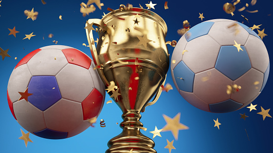 Football Competition Concept Argentinian and French Flag Colors with a Championship Cup and Confetti. 3d Render