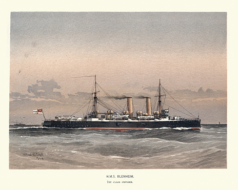 Vintage illustration British Royal Navy warship HMS Blenheim, first class protected cruiser, Victorian Military History, 19th Century, 1890s