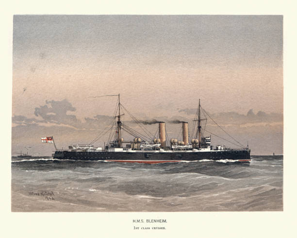 British Royal Navy warship HMS Blenheim, first class protected cruiser, Victorian Military History, 19th Century, 1890s vector art illustration