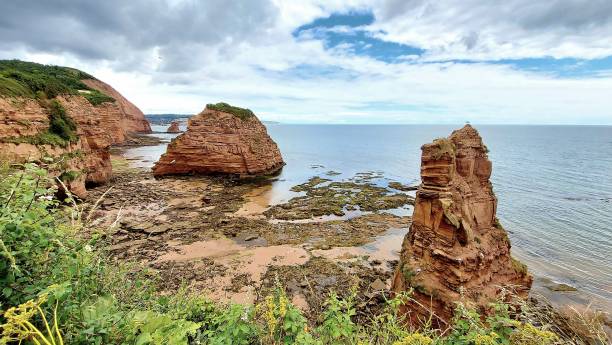 istock Beautiful shot of rock formations on a coastline under a cloudy sky 1449608765