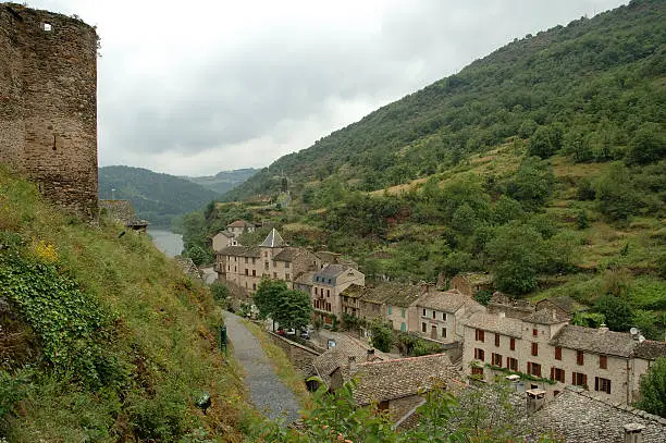 Overview of Brousse-le-Château in Aveyron (south west of France) from the village Castle. 
