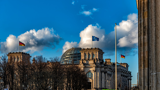 The Bundestag building in the centre of Berlin on a sunny winter day.