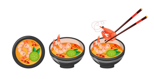 illustrations, cliparts, dessins animés et icônes de cuisine asiatique, soupe asiatique épicée aux crevettes, plat traditionnel de fruits de mer. 3 assiettes de nourriture, gros plan - thailand thai cuisine prawn tom yum soup