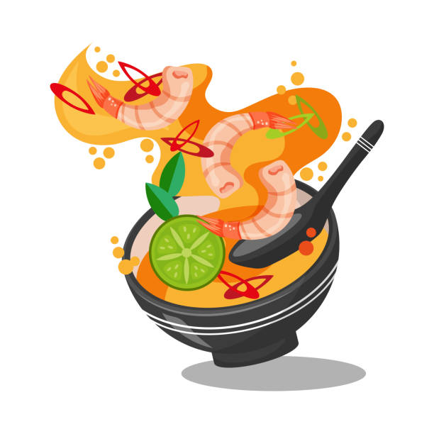 azjatyckie jedzenie. pikantna zupa tom yum, tradycyjna azjatycka zupa. obraz w stylu lewitacji - thailand thai cuisine prawn tom yum soup stock illustrations