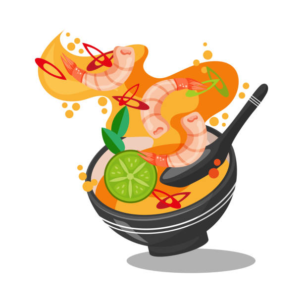 Asian food. Spicy Tom Yum Soup, a traditional Asian soup. Image in levitation style Asian food, spicy shrimp soup. Traditional soup with seafood. Close-up, levitation shrimp prepared shrimp prawn cartoon stock illustrations