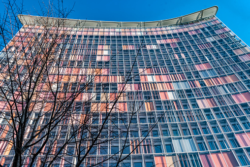 The exterior of the GSW headquarters in  Berlin, building designed by Sauerbruch and Hutton in 1991.