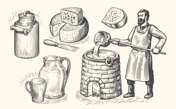 illustrations, cliparts, dessins animés et icônes de concept de production de beurre et de fromage. travailleur agricole fabriquant des produits laitiers biologiques. esquisse d’illustration vectorielle vintage - cheese making