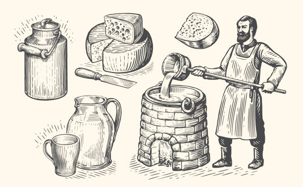 koncepcja produkcji masła i sera. robotnik rolny produkujący ekologiczną żywność mleczną. zestaw szkiców ilustracja wektorowa vintage - cheese making stock illustrations