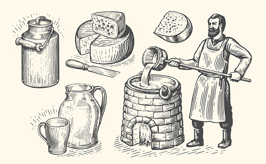 Butter and cheese production concept. Farm worker making organic dairy food. Sketch set vintage vector illustration