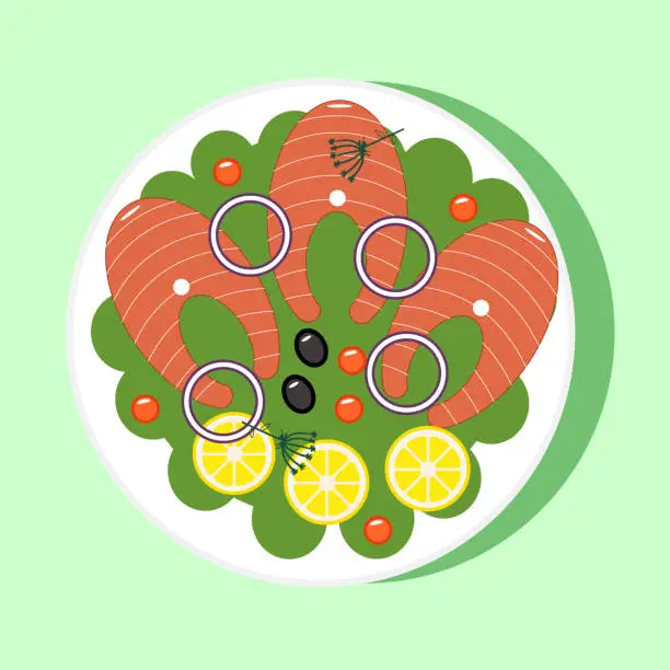 Vector illustration of Festive plate of salmon with lemon, fish dinner.