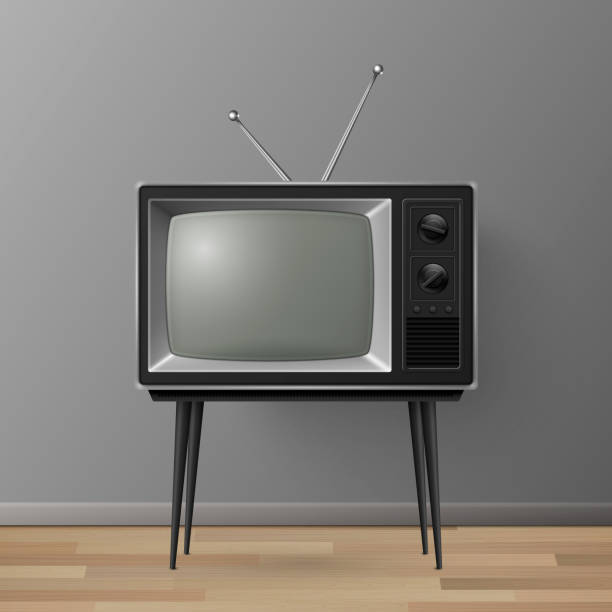 istock Vector 3d Realistic Retro TV Receiver on a Wooden Table Stand. Home Interior Design Concept. Vintage TV Set on the Wooden Floor. Television, Front View 1449620614
