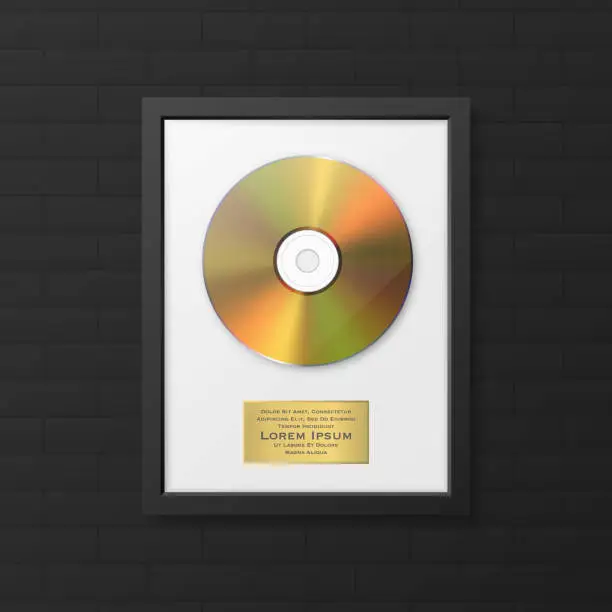 Vector illustration of Realistic Vector 3d Yellow Golden CD, Label with Black CD Cover Frame on Black Brick Wall. Single Album Compact Disc Award, Limited Edition. CD Design Template
