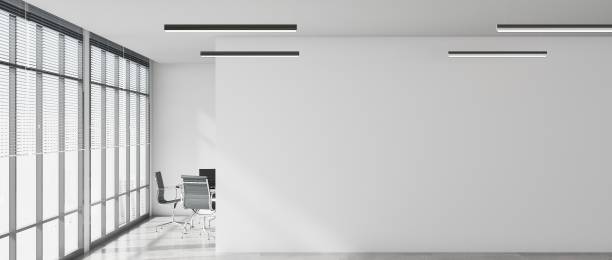 istock modern conference room Interior decoration with white wall tone and black chairs It is in a high-rise building with a view of the city outside. concept of office and modern style. 3D rendering 1449623183