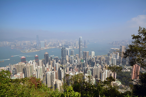 Panorama from Sam Chi Heung mountain of Hong Kong port and the Stonecutters Bridge, a cable-stayed bridge spanning the Rambler Channel in Hong Kong, connecting Tsing Yi to Stonecutters Island. With a main span of 1,018 m (3,340 ft), the bridge has the third-longest cable-stayed span in the world.
