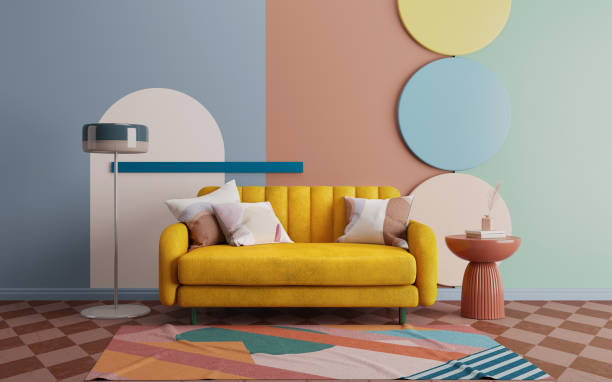 midcentury modern interior design with yellow sofa and decoration wall.3d rendering - färgbild bildbanksfoton och bilder