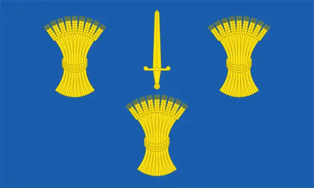 Vector illustration of Flag of Cheshire Ceremonial county (England, United Kingdom of Great Britain and Northern Ireland, uk) three golden sheaves of wheat and a golden blade on a blue background