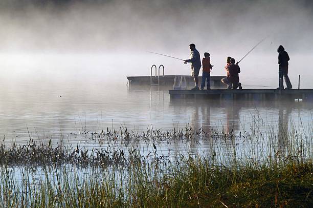 rodzina sieć wcześnie rano na mglisty lake. - fishing rod fishing fishing reel casting zdjęcia i obrazy z banku zdjęć