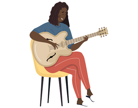 Woman sings song. Girl sits on chair playing guitar. Person creates music isolated on white. Female character uses musical instrument. Musician plays strings on instrument. Guitarist making melody