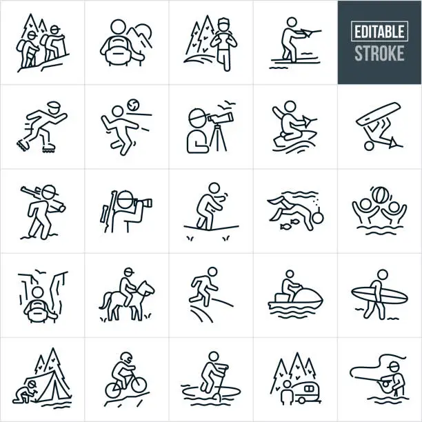 Vector illustration of Outdoor Recreation Thin Line Icons - Editable Stroke - The Icons Include Outdoor Recreation, Outdoors, Summer Adventure, Outdoor Sports, Outdoor Activities, Hiking, Backpacking, Mountains, Water Skiing, In-Line Skating, Volleyball, Birdwatching, Wakeboard