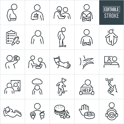 A set of obesity icons that include editable strokes or outlines using the EPS vector file. The icons include a an obese person with tape measure around waist, overweight person drinking soda, overweight person getting a medical check-up by a doctor using a stethoscope, doctor handing over and apple, medical health check-list, obese sad person with head down, overweight man standing on weight scale, overweight person holding a 