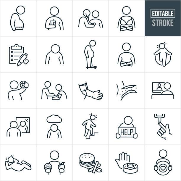 Obesity Thin Line Icons - Editable Stroke - Icons Include Obesity, Obese Person, Overweight Man, Fat, BMI, Male, Female, Waistline, Weighing, Doctor, Medical Check-up, Diabetes, Hypertension, Exercise, Self-Image, Self-Esteem, Depression, Epidemic, Unheal A set of obesity icons that include editable strokes or outlines using the EPS vector file. The icons include a an obese person with tape measure around waist, overweight person drinking soda, overweight person getting a medical check-up by a doctor using a stethoscope, doctor handing over and apple, medical health check-list, obese sad person with head down, overweight man standing on weight scale, overweight person holding a "HELP" sign, obese woman jump roping, overweight person eating a doughnut, depressed obese man with cloud overhead, heavy person climbing stairs, obese person with diabetes checking blood sugar, overweight person doing a sit-up for exercise, heavy person holding a doughnut in one hand and an apple in the other, hamburger and French fries, hand refusing a doughnut and a person holding a target with a heart shape in the bulls-eye to represent healthy goals. obesity stock illustrations
