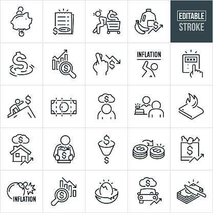 A set of inflation icons that include editable strokes or outlines using the EPS vector file. The icons include several inflation related themes. They include a piggy bank receiving coins only to have them drop out the bottom, a receipt with a larger than usual money total, a shopper struggling to push the weight of a shopping cart containing a giant dollar sign to signify the weight burden of inflation, groceries with an upwards arrow and dollar sign to represent inflation increase, a sinking dollar sign, magnifying glass with dollar sign and upward inflation graph, fingers crossed that inflation decreases, person being crushed by the word 