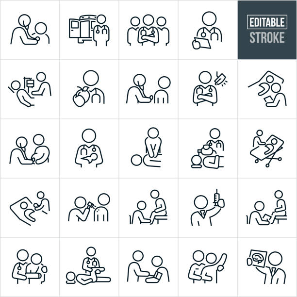 Doctors And Physicians Thin Line Icons - Editable Stroke - Icons Include Doctors, Physicians, Surgeons, Medical Professionals, Health Care, Patient, Person, Illness, Injury, Hospital, Doctors Office, Medical Exam, Stethoscope, Emergency, Care, Diagnosis, A set of doctors and physicians icons that include editable strokes or outlines using the EPS vector file. The icons include a doctor using a stethoscope to check the heart of a patient during a medical office visit, a physician standing next to an am ambulance to offer care, a group of medical professionals with a doctor a the forefront with his arms folded, a doctor reviewing a patients chart, medical professional checking the IV of a patient in a hospital bed, doctor holding out an apple, physician using a stethoscope to check the lungs of a patient by placing it on the patients back, doctor checking the heartbeat of an unborn baby using a stethoscope on the pregnant stomach of an expectant mother, medical professional holding a newborn baby after delivery, medical professional doing chest compressions on an unresponsive person, a doctor using a bag valve mask to provide oxygen to a person, medical professional at the side of an injured person on a medical stretcher, medical professional handing a newborn baby to it's mother in a hospital bed, dermatologist checking the skin of a patient using a medical magnifying device, doctor checking the injured ankle of a patient in a doctors office visit, physician holding up a syringe to administer, doctor asking a patient health questions during a doctors office visit as he records them on paper, a physician assisting an injured person wearing a sling, doctor assessing an injury to a patients leg by moving the leg, doctor using a blood pressure cuff to check a patients blood pressure, medical professional assisting a patient with movement and a doctor reviewing a patient x-ray by holding it up to the light. dermatologist stock illustrations