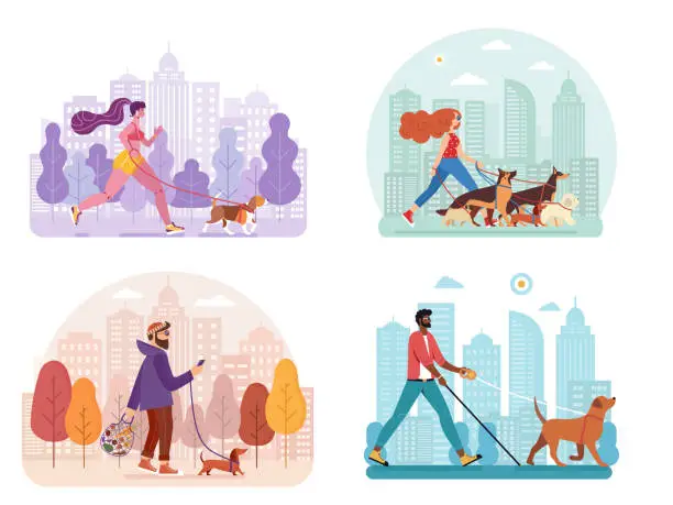 Vector illustration of City Men and Women Walking with Dogs