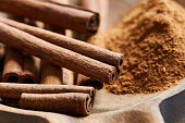 Cinnamon sticks and powder, macro shot