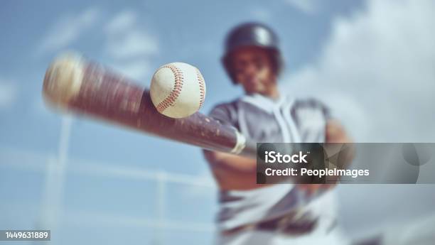 Baseball Baseball Player And Bat Ball Swing At A Baseball Field During Training Fitness And Game Practice Softball Swinging And Power Hit With Athletic Guy Focus On Speed Performance And Pitch Stock Photo - Download Image Now