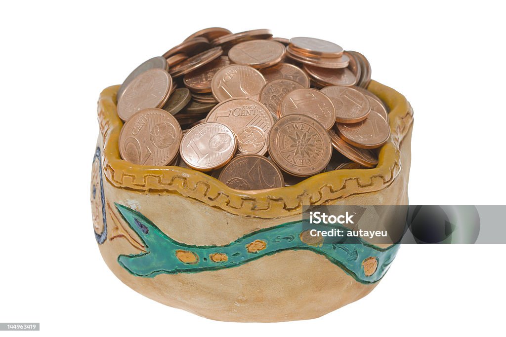 Clay bowl with coins Clay bowl with eurocents Abundance Stock Photo