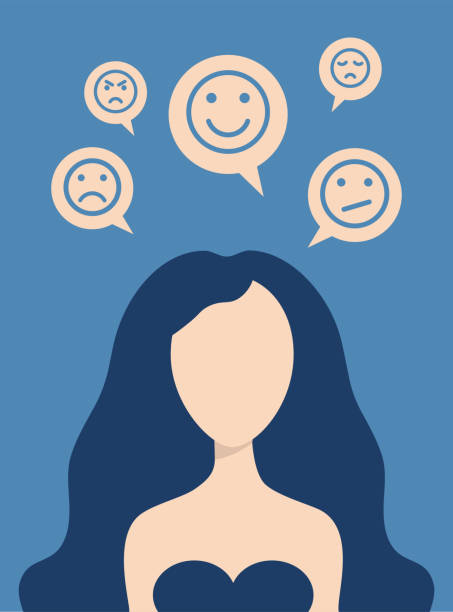 mental health concept. Portrait of a girl without a face with different smilies emotions on a blue background mental health concept. Portrait of a girl without a face with different smilies emotions on a blue background. Women's psychology sad girl face clip art stock illustrations