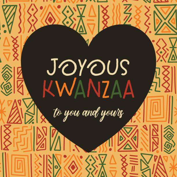 joyous kwanzaa grußkarte im herzrahmen auf afrikanischen ethnischen stammeskonflikt ornament nahtloses muster hintergrund. niedliches quadratisches kwanza-vektor-vorlagendesign - kwanzaa stock-grafiken, -clipart, -cartoons und -symbole