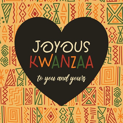 Joyous Kwanzaa Greeting card in heart frame on African ethnic tribal clash ornament seamless pattern background. Cute square Kwanza vector template design.