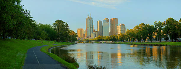 Panoramic view of Melbourne from the Yarra River banks stock photo