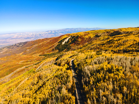 Colorful Trees and Forestation, Roads and Lakes in Western Colorado Grand Mesa National Forest Autumn Scenery on a Sunny October Day Budget Vacation Aerial Roadway Photo Series