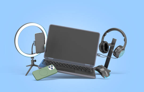 istock modern laptop with accessories for streaming 3d render image on blue 1449641099