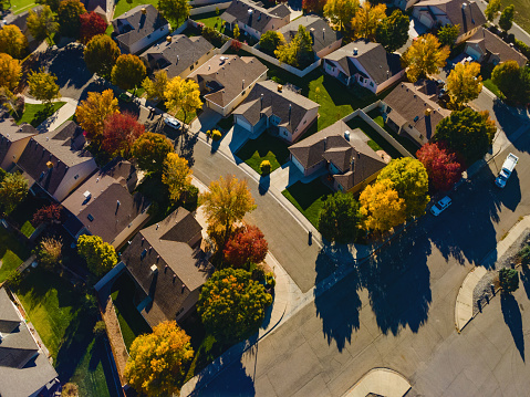 Colorful Autumn Urban Sprawl in Desert Climate Housing Developments Alongside Natural Environmental Elements in Western Colorado USA Arid Climate Photo Series