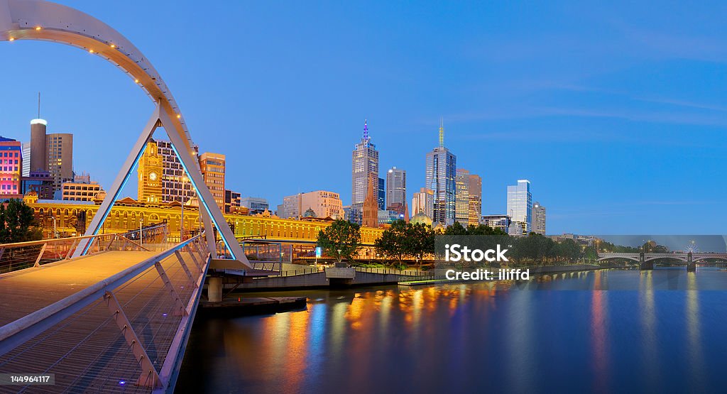 Panoramic view of Melbourne from Southbank Bridge Panoramic view of Melbourne from Southbank Bridge as viewed towards the east. The Melbourne CBD skyline is visible on the left and the Southbank Prominade on the right. Melbourne - Australia Stock Photo