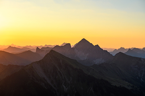 Beautiful sunrise in the Austrian Alps, the view from the mountain Glatthorn in Vorarlberg